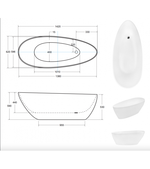 Baignoire îlot GOYA bicolore:noir/blanc 142x60 cm/160x70 cm