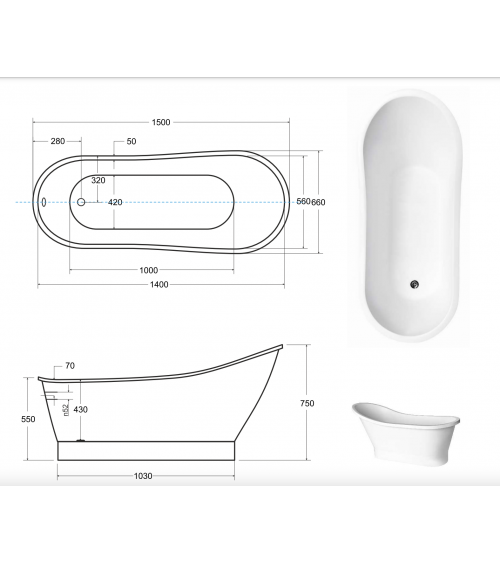 Baignoire îlot GLORIA GLAM SILVER 150x66 cm/160x68 cm