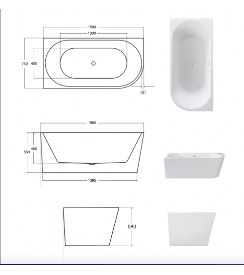 Baignoire îlot ZOYA angle gauche 150x75 cm/170x80 cm