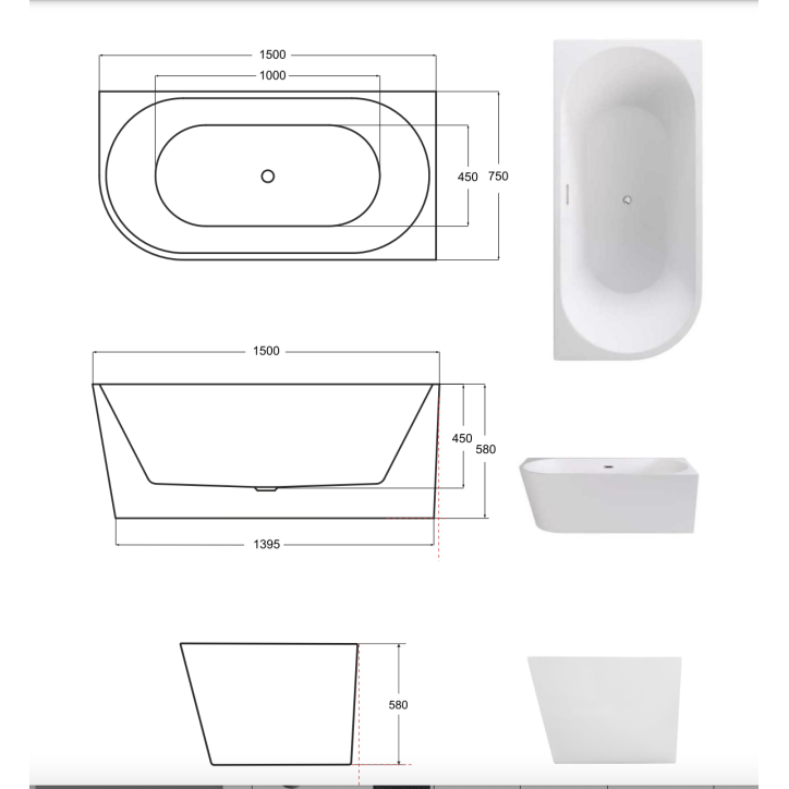 Vapaasti seisova kylpyamme ZOYA GLAM GRAPHITE suorakulmainen 150x75 cm/170x80 cm