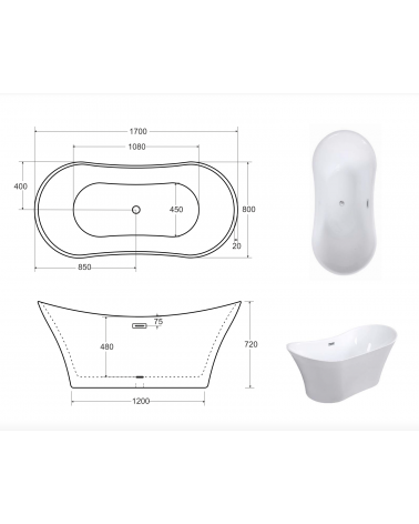 Vasca da bagno freestanding AMBER GLAM GOLDEN 170 x 80 cm