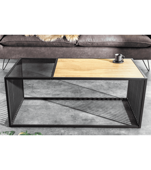 table basse ARCHITECTURE 100 cm au style chêne sauvage et verre fumé