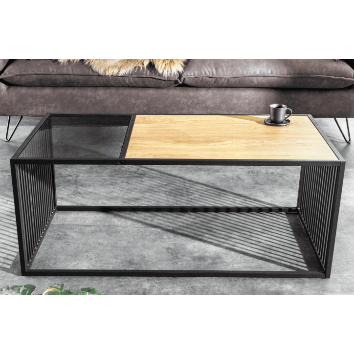 table basse ARCHITECTURE 100 cm au style chêne sauvage et verre fumé