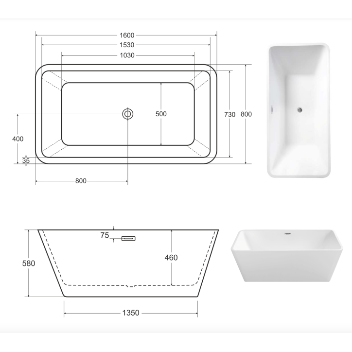 Freistehende Badewanne EVITA 160 x 80 cm