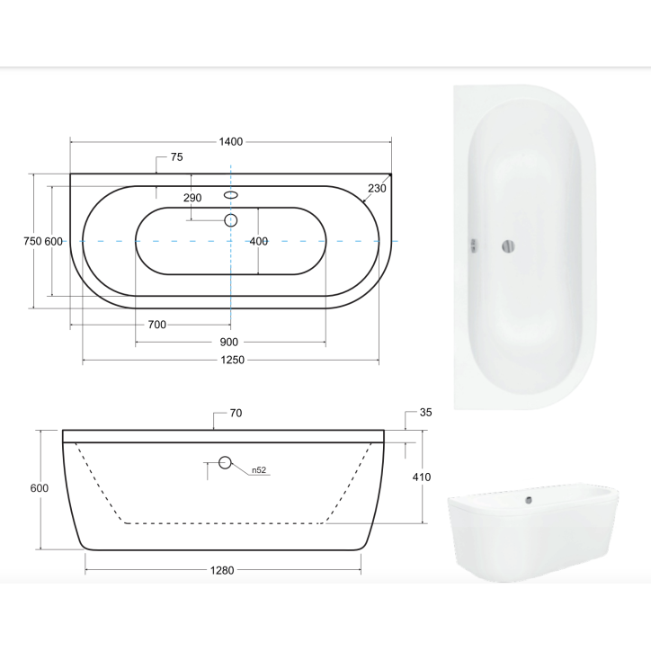 Vasca freestanding VISTA 140/150/160x75 cm