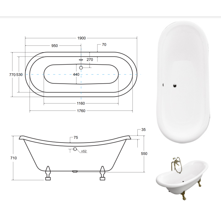 Baignoire îlot AMELIA GLAM SILVER 190 x 77 cm