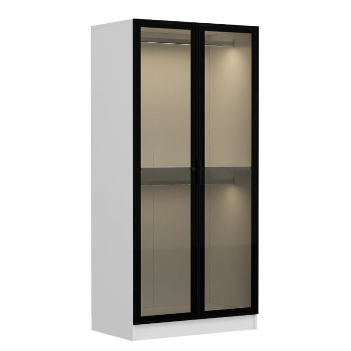 Armário 2 portas com vidro com LEDs - Branco/Preto