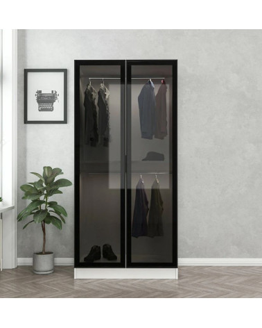 Armário 2 portas com vidro com LEDs - Branco/Preto