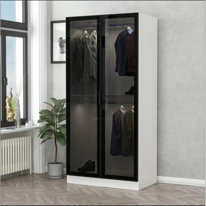 Armoire 2 Portes Vitrées avec leds - Blanc/Noir