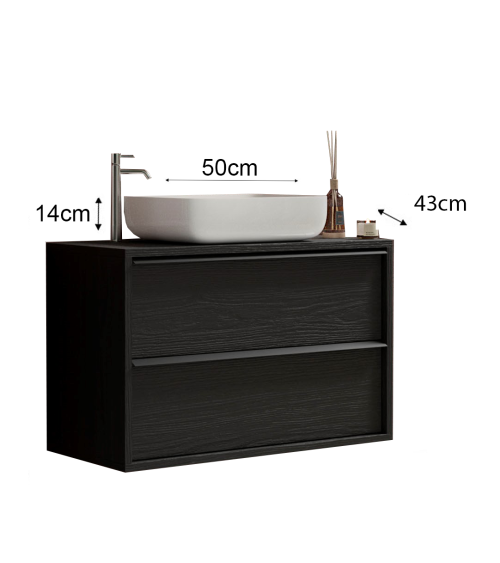 Ensemble salle de bain, meuble suspendu+colonne+miroir+vasque STEEL noir frêne, en plusieurs dimensions