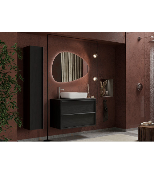 Ensemble salle de bain, meuble suspendu+colonne+miroir+vasque STEEL noir frêne, en plusieurs dimensions
