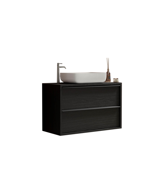 Ensemble salle de bain, meuble suspendu+colonne+miroir+vasque STEEL noir frêne, en plusieurs dimensions