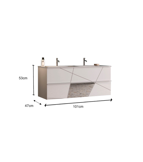 Ensemble salle de bain, meuble suspendu+colonne+miroir+vasque VITTORIA blanc brillant, 101 x 53 x 47 cm