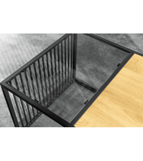 table basse ARCHITECTURE 100 cm au style chêne sauvage et verre fumé