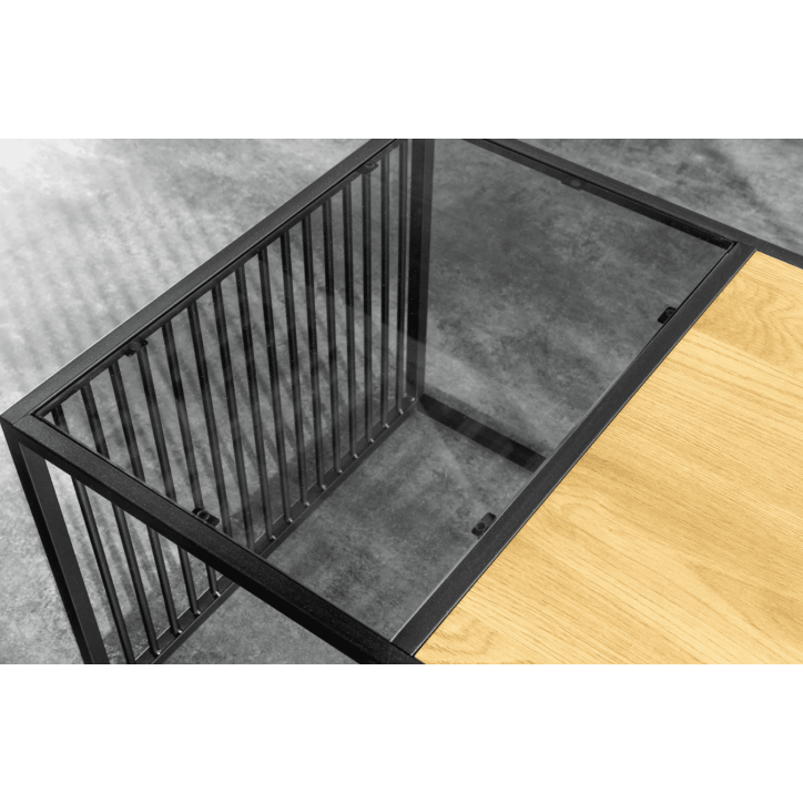 table basse ARCHITECTURE 100 cm au style chêne sauvage et verre fumé