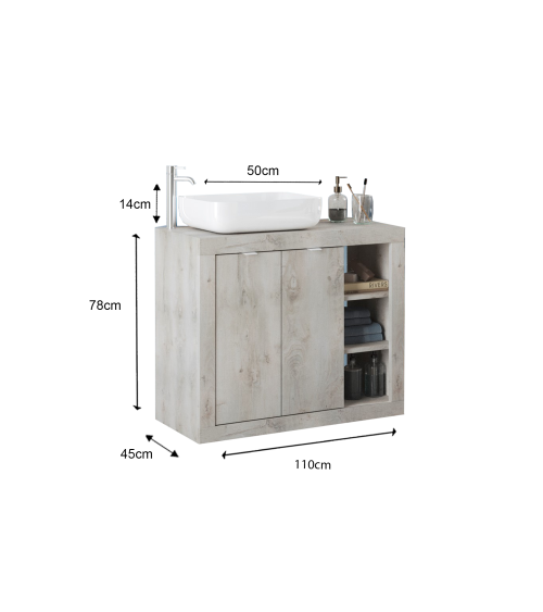 Badset, BASIC grenen wit kastje+spiegel+wastafel, 110 x 78 x 45 cm