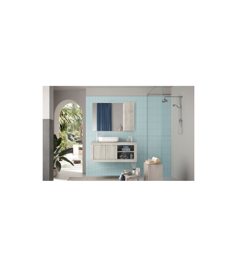 Conjunto de baño, mueble suspendido+espejo+lavabo BASIC pino blanco, 110 x 47 x 45 cm