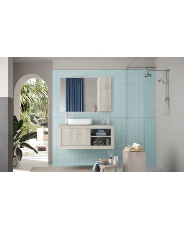 Ensemble salle de bain, meuble suspendu+miroir+vasque BASIC pin blanc, 110 x 47 x 45 cm