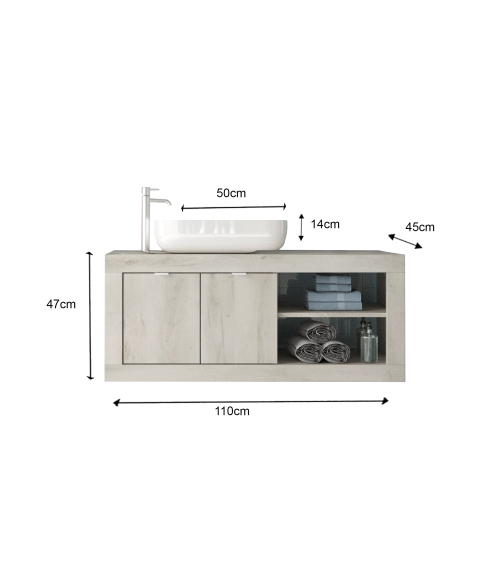 Mobile bagno, pensile+specchio+lavabo BASIC pino bianco, 110 x 47 x 45 cm