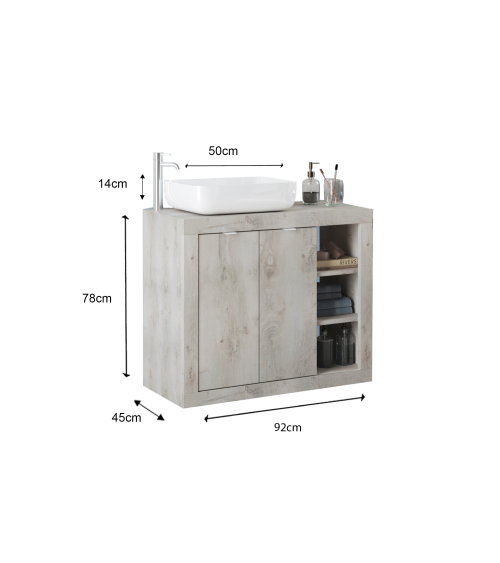 Conjunto de baño, mueble +espejo+lavabo BASIC pino blanco, 92 x 78 x 45 cm