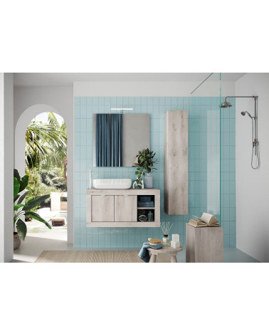 Ensemble salle de bain, meuble suspendu+colonne+miroir+vasque BASIC pin blanc, 92 x 47 x 45 cm