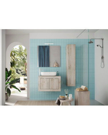 Ensemble salle de bain, meuble suspendu+colonne+miroir+vasque BASIC pin blanc, 70 x 47 x 45 cm