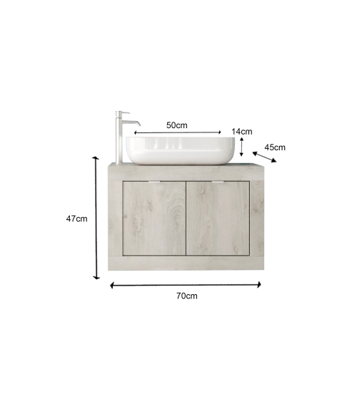 Conjunto de baño, mueble suspendido+columna+espejo+lavabo BASIC pino blanco, 70 x 47 x 45 cm