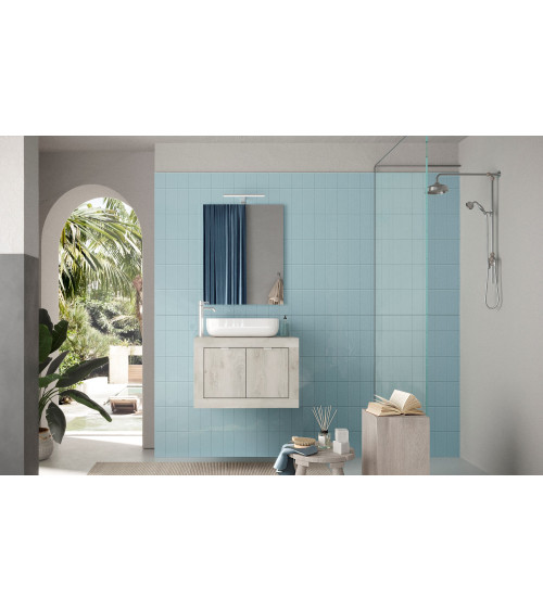 Ensemble salle de bain, meuble suspendu+miroir+vasque BASIC pin blanc, 70 x 47 x 45 cm
