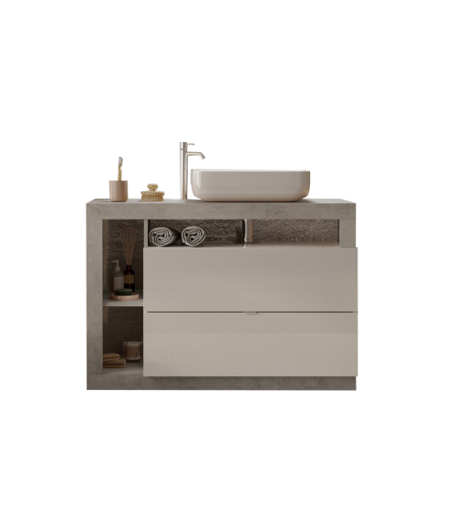 Mobiletto HAMBURG a 2 cassetti con lavabo, bianco lucido, cemento 110 x 79 x 49 cm
