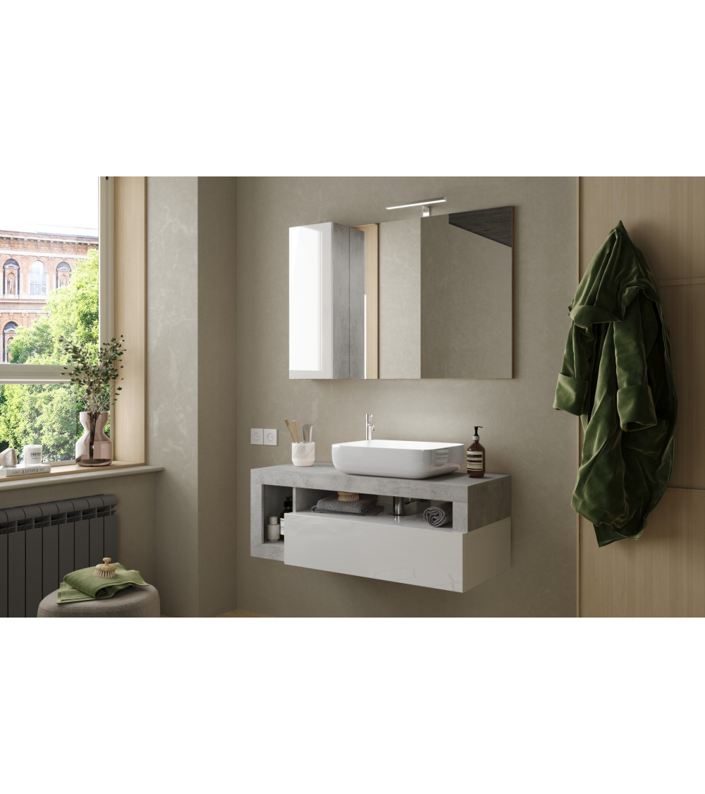 Conjunto de móveis de casa de banho HAMBURG branco brilhante com espelho e lavatório, betão 110 x 47 x 49 cm