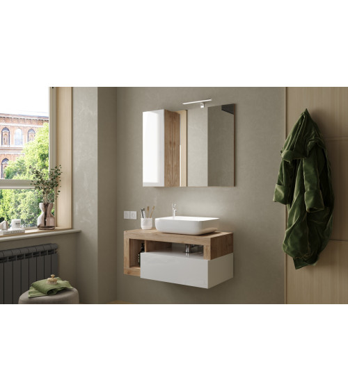 Ensemble salle de bain meuble suspendu+miroir+vasque HAMBURG blanc brillant, Kadiz 92 x 47 x 49 cm