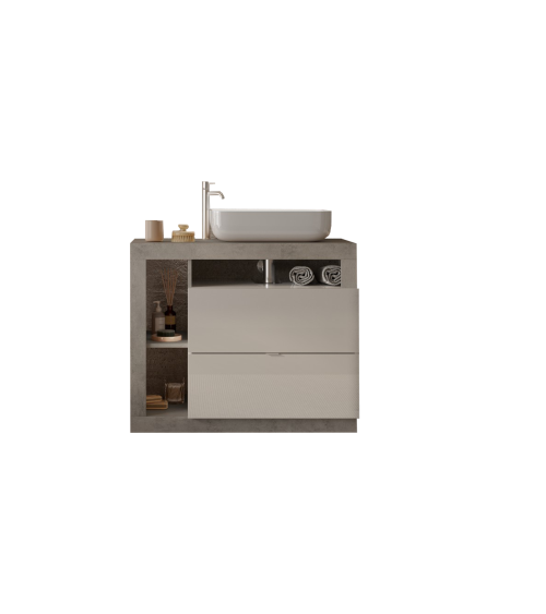 Meuble salle de bain 2 tiroirs + vasque HAMBURG blanc brillant, béton 92 x 79 x 49 cm