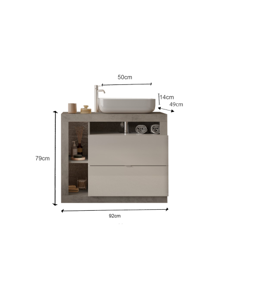 Mueble con 2 cajones + lavabo HAMBURG blanco brillante, cemento  92 x 79 x 49 cm