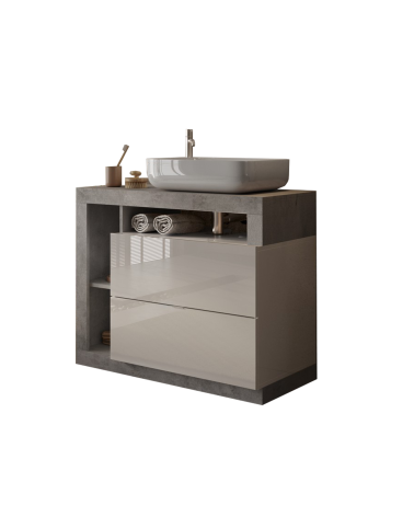 Mobile bagno a 2 cassetti + lavabo HAMBURG bianco lucido, cemento 92 x 79 x 49 cm