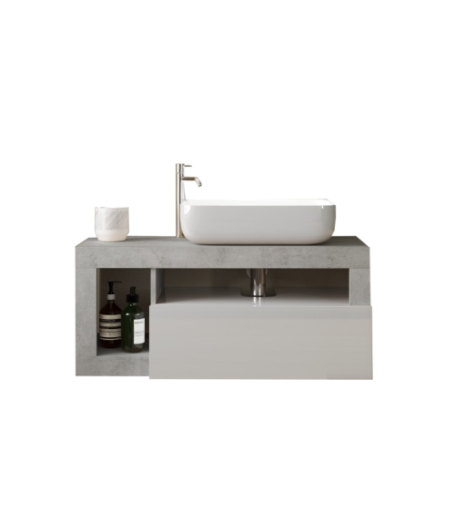 HAMBURG set di mobili da bagno bianco lucido con specchio e lavabo, cemento 92 x 47 x 49 cm