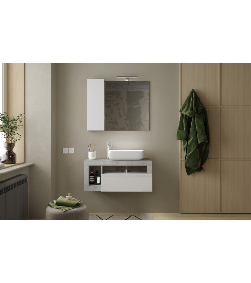 Conjunto de móveis de casa de banho HAMBURG branco brilhante com espelho e lavatório, betão 92 x 47 x 49 cm