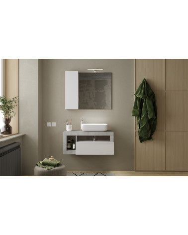 Ensemble salle de bain meuble suspendu+miroir+vasque HAMBURG blanc brillant, béton 92 x 47 x 49 cm