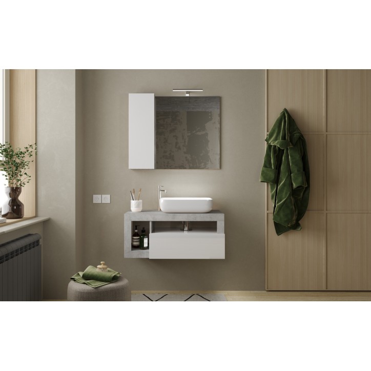 Set da bagno HAMBURG bianco lucido e cemento 92 x 47 x 49 cm