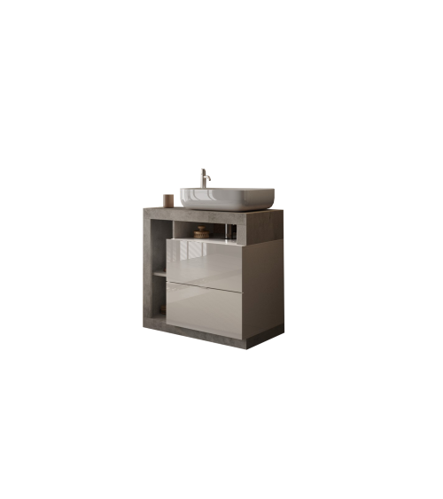 Ensemble salle de bain meuble+miroir+vasque HAMBURG blanc brillant, béton 79 x 79 x 49 cm