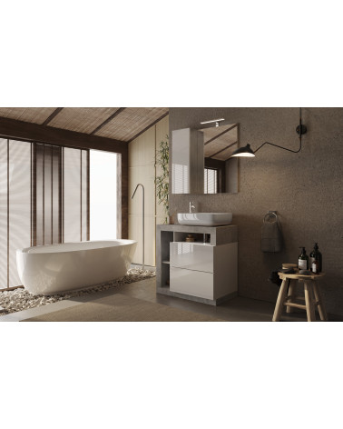 Ensemble salle de bain meuble+miroir+vasque HAMBURG blanc brillant, béton 79 x 79 x 49 cm