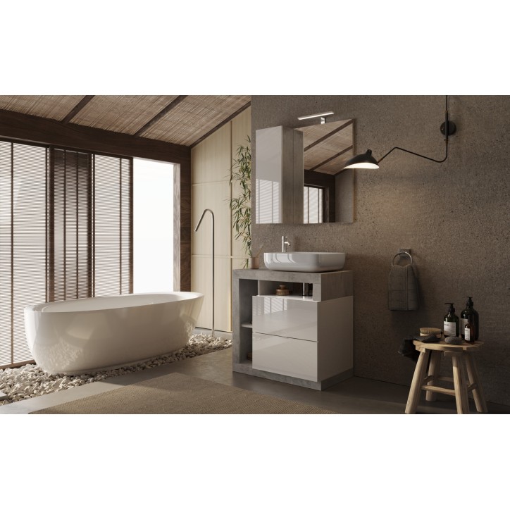Set da bagno HAMBURG bianco lucido e cemento 79 x 79 x 49 cm