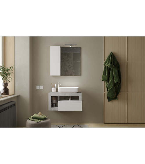HAMBURG mobiletto bianco lucido + specchio + set lavabo, cemento 79 x 47 x 49 cm