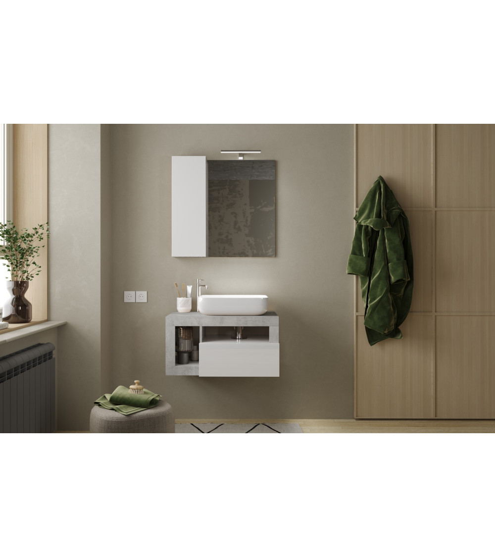 Móvel de casa de banho HAMBURG branco brilhante com espelho e lavatório, betão 79 x 47 x 49 cm