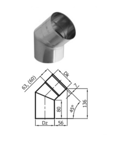 Coude 45° simple paroi Ø 100/120/130/150/160/180/200 mm