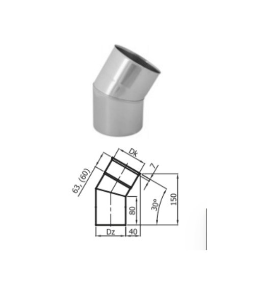 Coude 30° simple paroi Ø 100/120/130/150/160/180/200 mm
