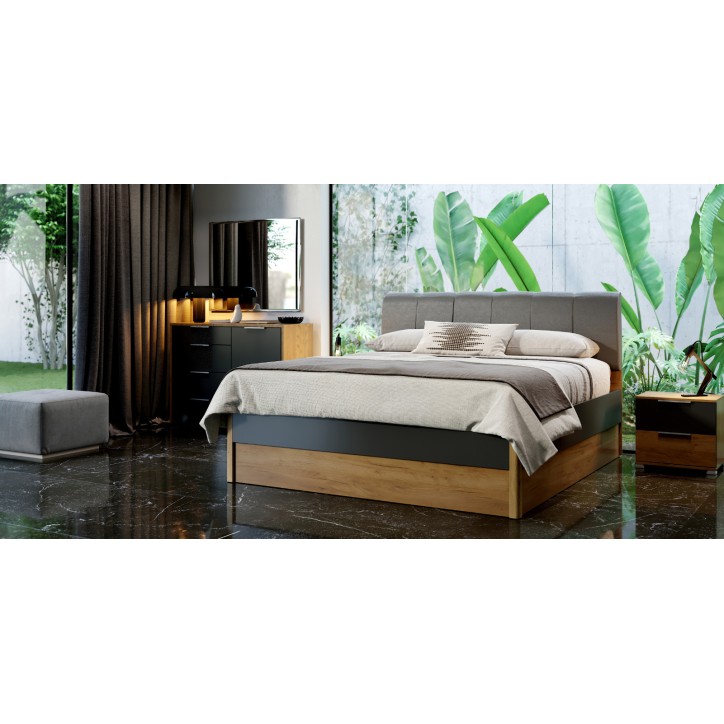 Cama Romana com caixa de arrumação, lava mate e carvalho claro 160x200 cm
