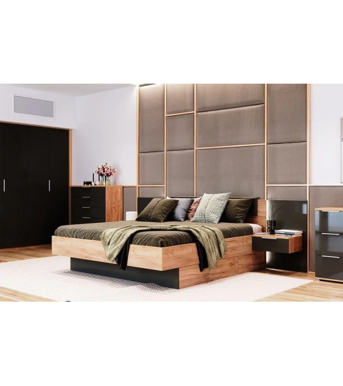 LUNA BED com mesas-de-cabeceira suspensas 180x200 cm Lavagem mate e carvalho claro