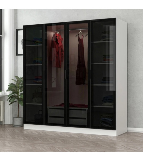Armario con 4 puertas en cristal ahumado, blanco/negro 180 x 210 cm