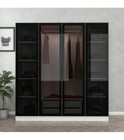 Armoire avec 4 portes en verre fumé, blanc/noir 180 x 190/210 cm