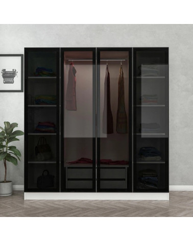 Armoire avec 4 portes en verre fumé, blanc/noir 180 x 190/210 cm